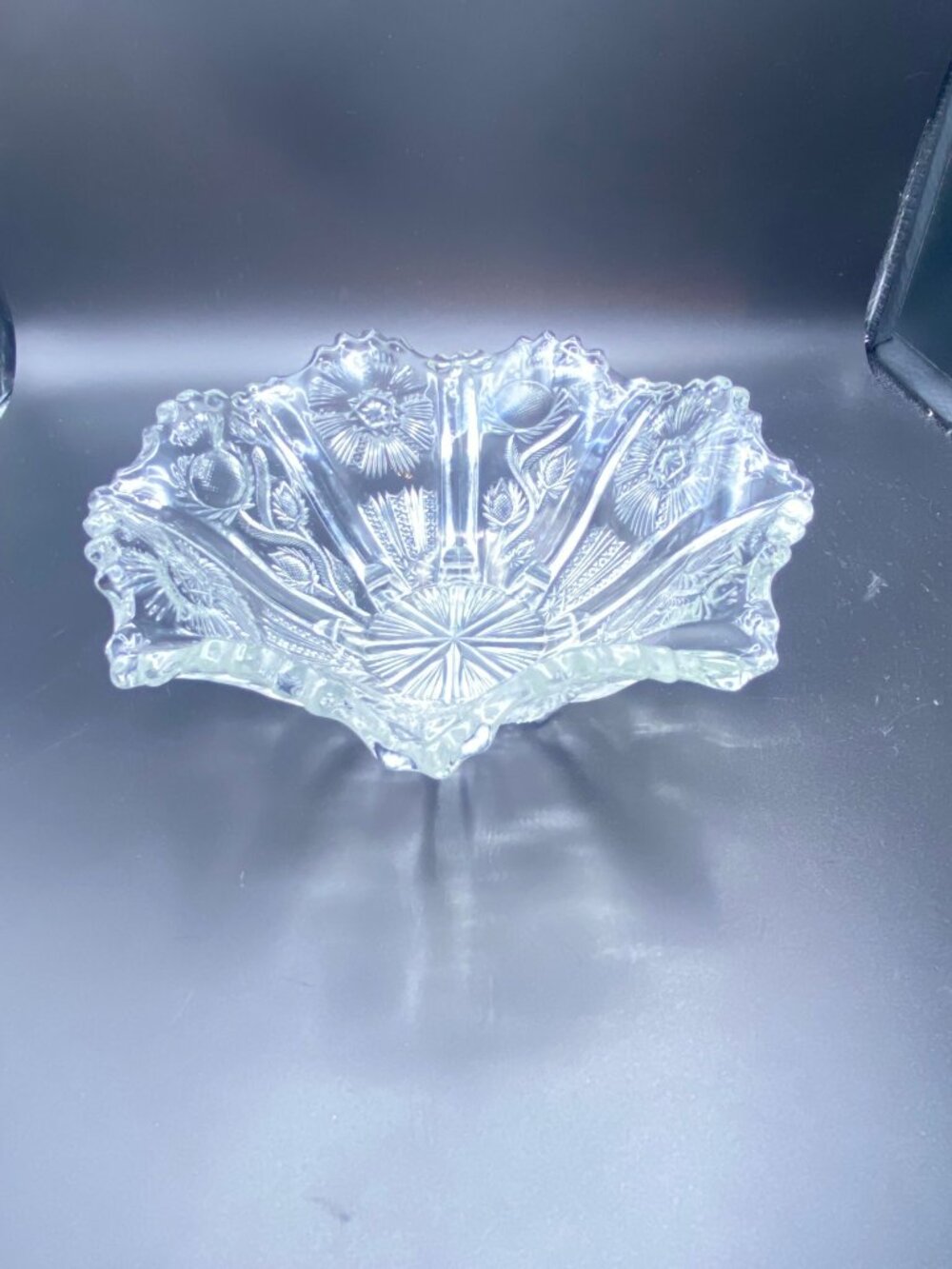 Crystal Thistle Pattern Ruffled Bowl L. E. Smith